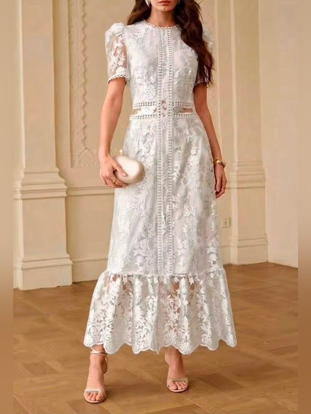 New Luxe Jacquard Embroidered Lace Ruffle Hem Maxi Dress Short Sleeve White
